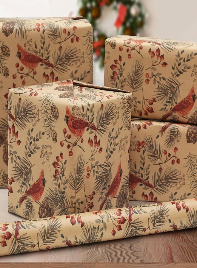 AirCool Cardinal Birds Winter Forest Woodland Berries Pine Cone Kraft Brown Christmas Wrapping Paper-1 Mini Roll 17 X 10ft-Per roll Gift Wrap for Winter Holidays, Xmas, Weddings, Birthday, Bird Lover - Image 3